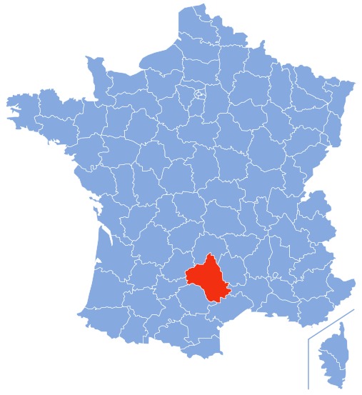 Map of France showing Aveyron Department