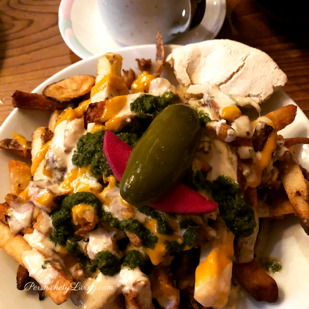 Shawarma fries, gluten-free pita & lavender rose tea at Aviv
