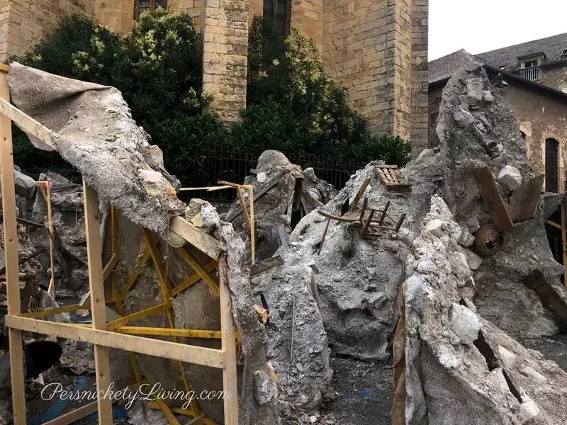 Backside of movie prop rubble showing wood frame