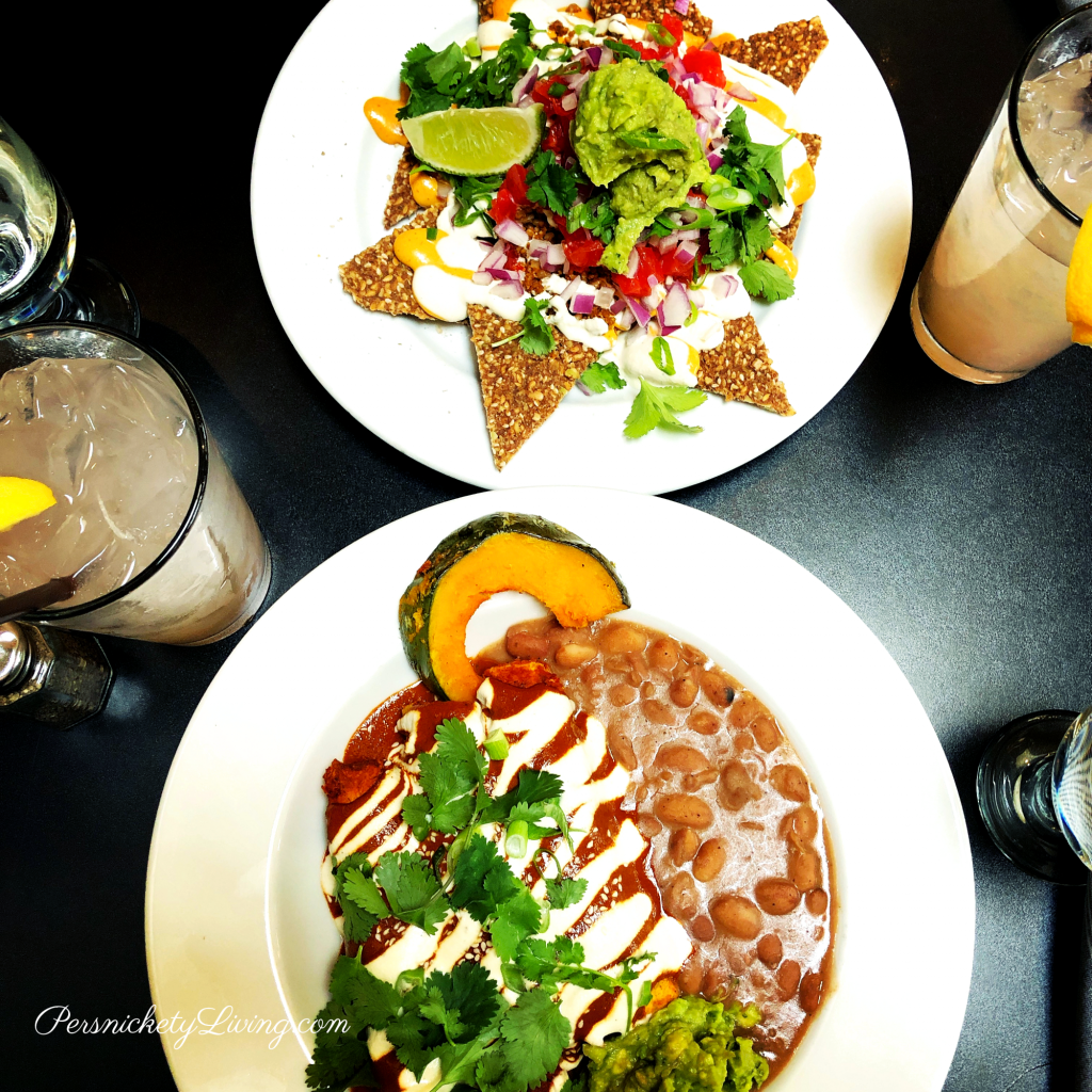 Live Nachos Carnitas Enchiladas at Blossoming Lotus vegan-friendly restaurant in portland
