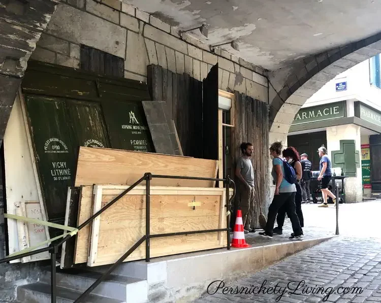 Painted boards used for the Pharmacie facade in All the light we cannot see