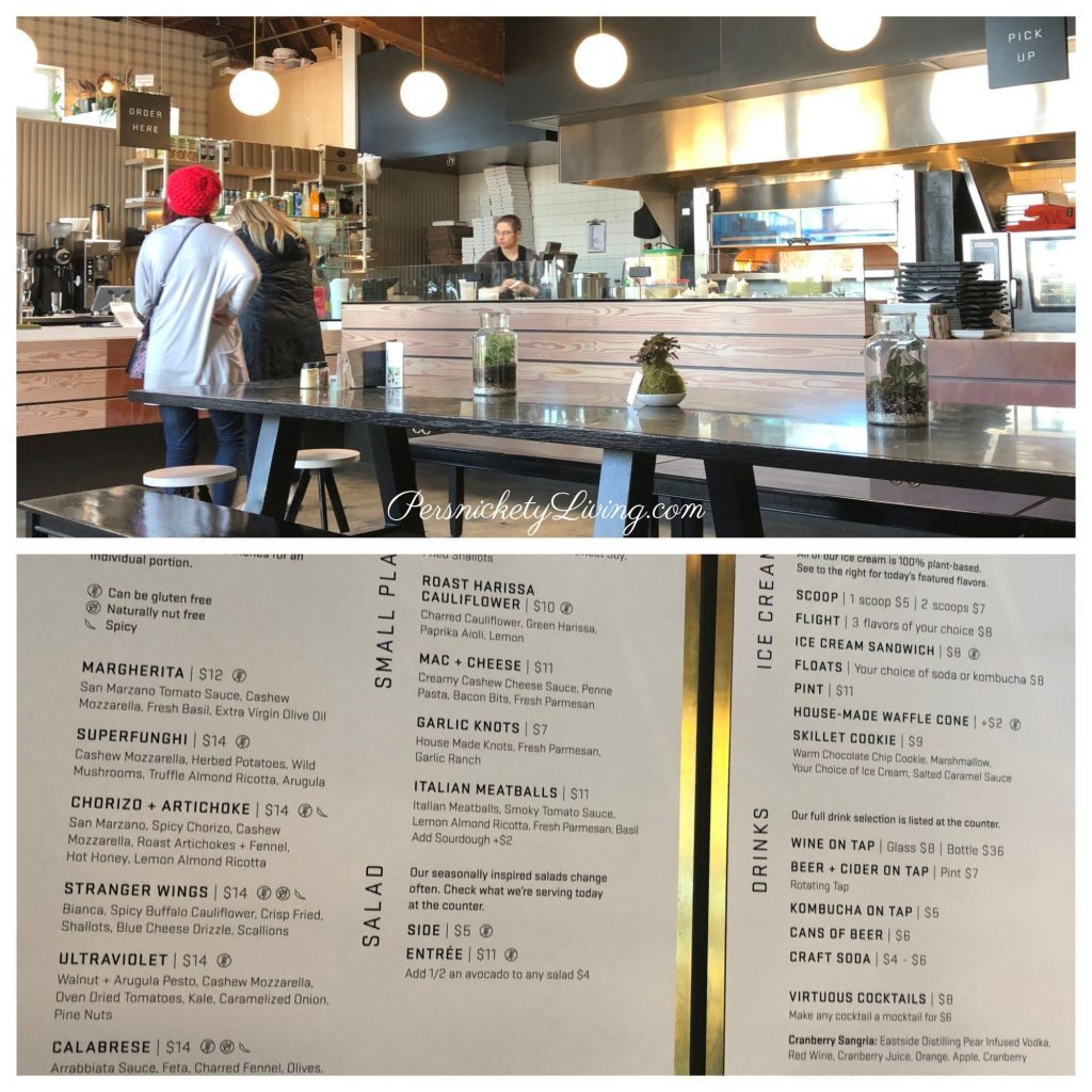Interior of vegan restaurant Virtuous Pie + Menu