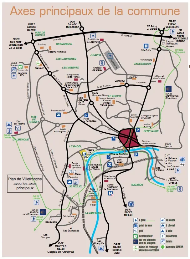 Map showing the main routes into Villefranche de Rouergue
