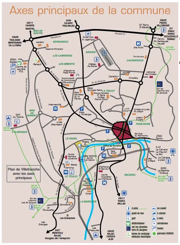 Map showing the main routes into Villefranche de Rouergue