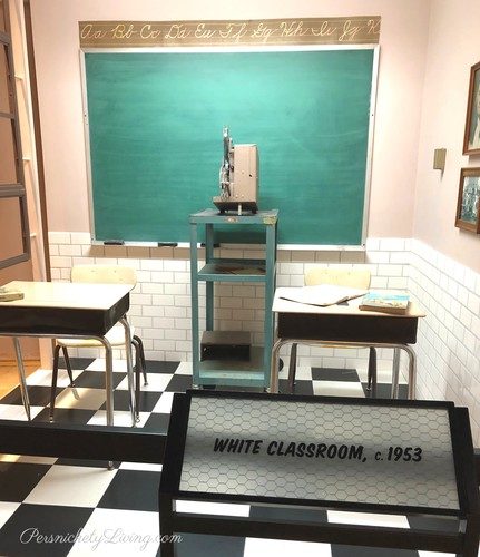 white classroom in 1953, bright, new, nice